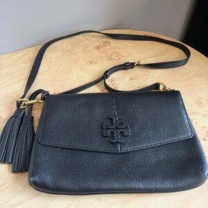 Tory Burch Black Pebbled Leather Crossbody with Tassel